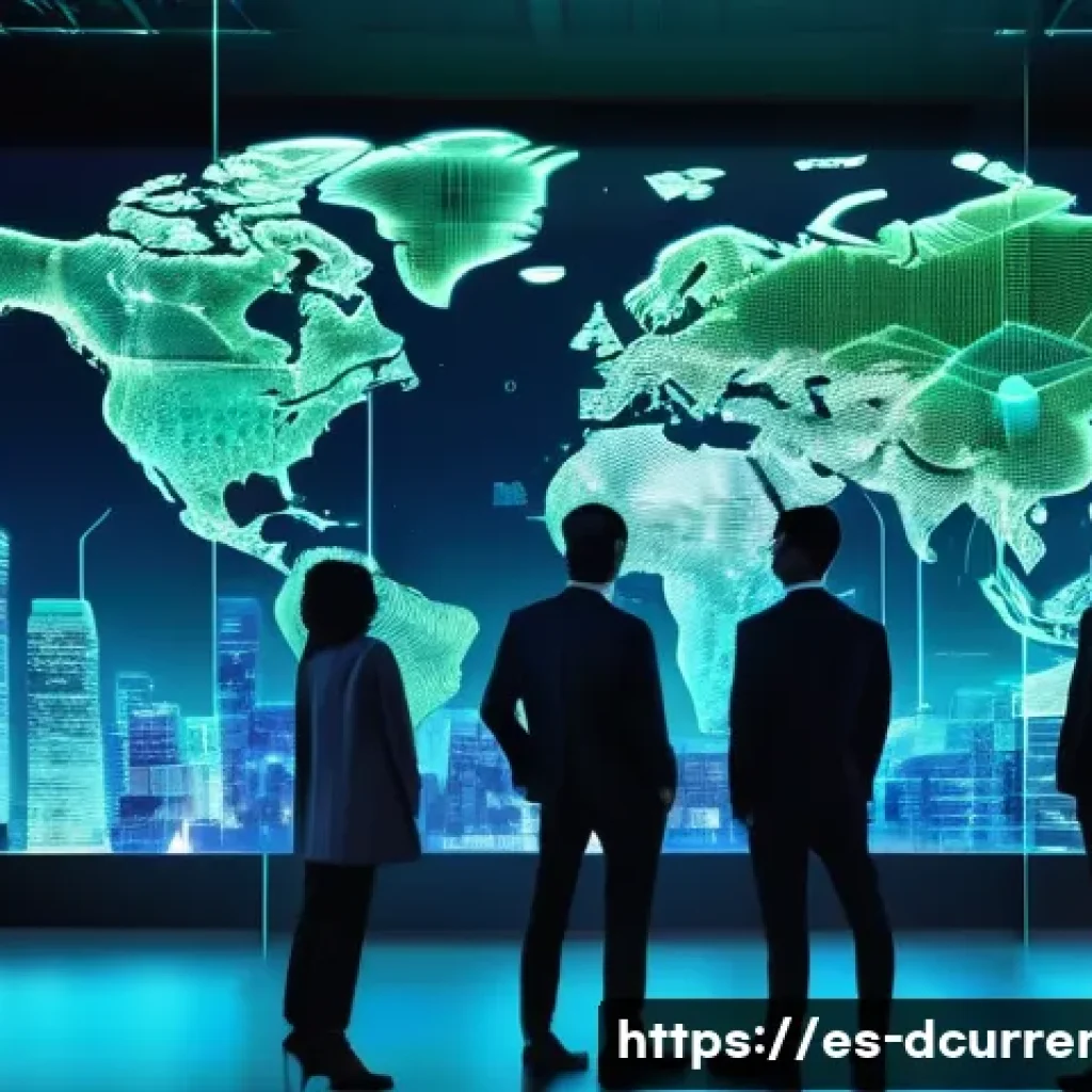 디지털화폐의 규제 논의 - A futuristic digital cityscape representing decentralized cryptocurrency networks, with glowing bloc...