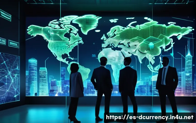 디지털화폐의 규제 논의 - A futuristic digital cityscape representing decentralized cryptocurrency networks, with glowing bloc...