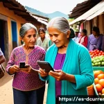 디지털화폐와 경제 발전 - A vibrant street market scene in a Latin American rural village, showing diverse people using smartp...