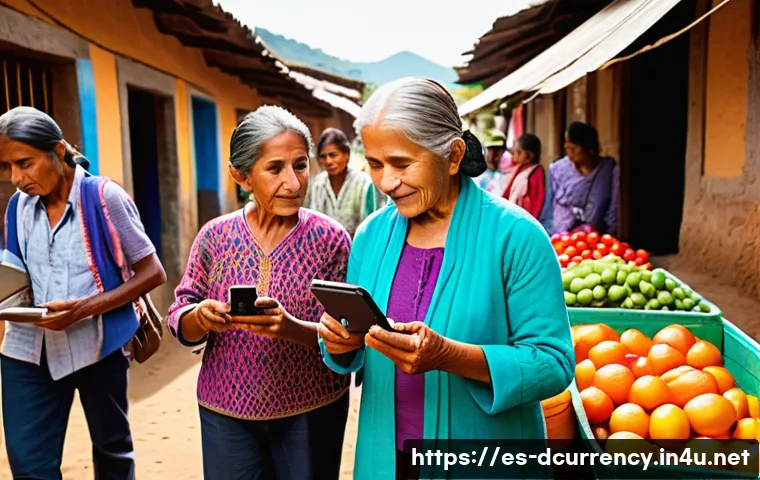 디지털화폐와 경제 발전 - A vibrant street market scene in a Latin American rural village, showing diverse people using smartp...