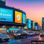 디지털화폐의 글로벌 경쟁력 - A futuristic cityscape in a vibrant Latin American metropolis at dusk, featuring digital billboards ...