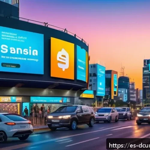 디지털화폐의 글로벌 경쟁력 - A futuristic cityscape in a vibrant Latin American metropolis at dusk, featuring digital billboards ...