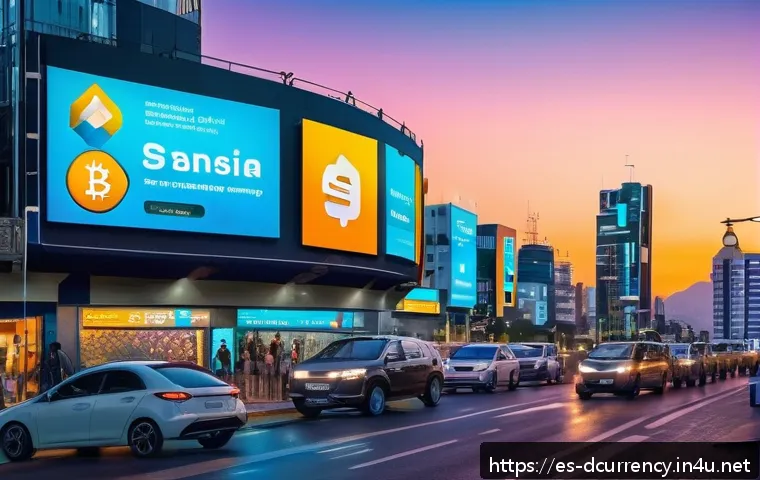 디지털화폐의 글로벌 경쟁력 - A futuristic cityscape in a vibrant Latin American metropolis at dusk, featuring digital billboards ...