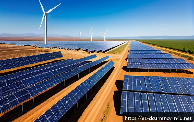 디지털화폐 채굴과 환경 문제 - A modern cryptocurrency mining facility in a sunny Latin American landscape, featuring solar panels ...
