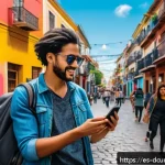 디지털화폐의 블록체인 기술 특징 - A vibrant digital marketplace scene set in a bustling Latin American city, showcasing diverse entrep...