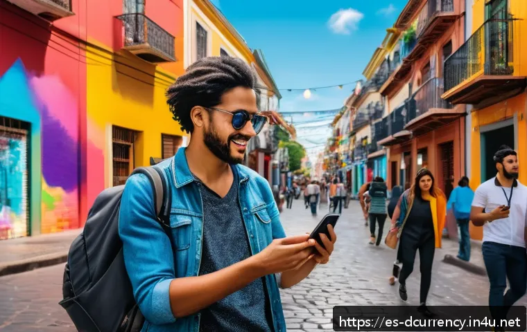 디지털화폐의 블록체인 기술 특징 - A vibrant digital marketplace scene set in a bustling Latin American city, showcasing diverse entrep...