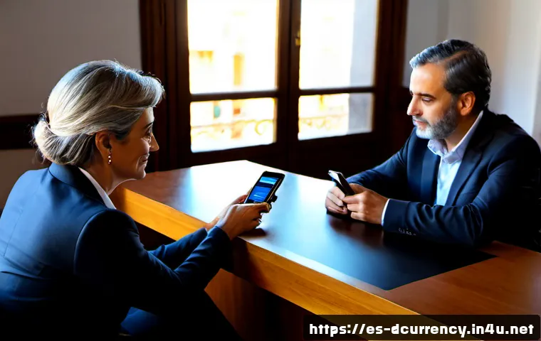 디지털화폐의 전통 금융과의 융합 - Photorealistic modern bank branch in Madrid, a middle-aged Spanish couple consulting with a professi...