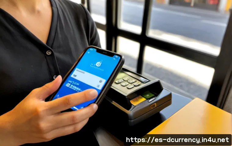 Home 17 디지털화폐의 경제적 효과 분석 - Photorealistic modern Spanish bank customer using a smartphone digital wallet beside a small café ta...