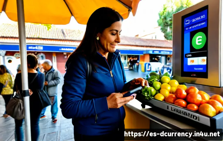 디지털화폐와 국가 경제 - Photorealistic modern financial scene in Madrid, Spain: a middle-aged Hispanic woman using a smartph...